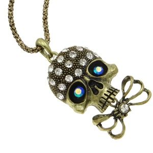 😀 New Bronze Skull Iridescent Rhinestone Necklace